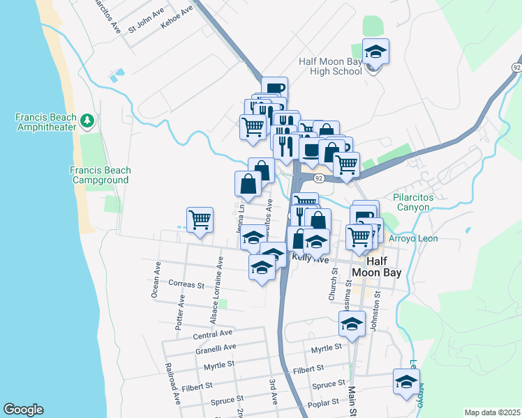 map of restaurants, bars, coffee shops, grocery stores, and more near 470 Willow Avenue in Half Moon Bay