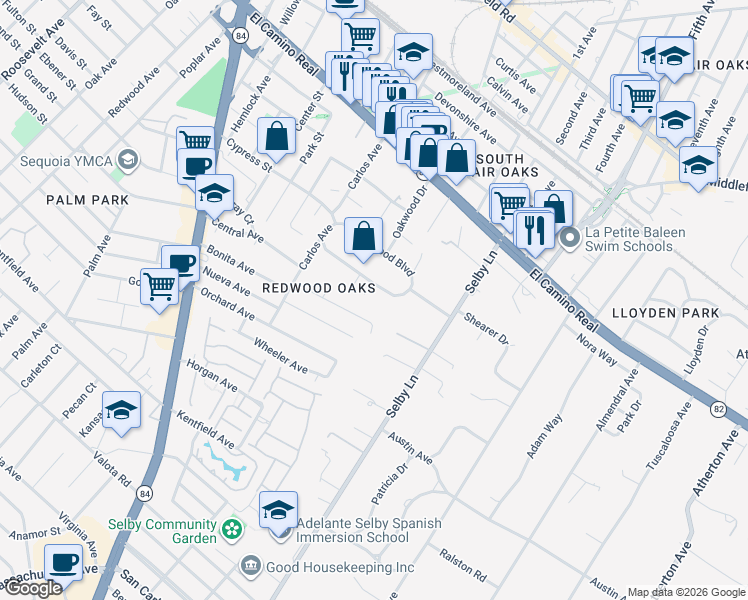 map of restaurants, bars, coffee shops, grocery stores, and more near 348 West Oakwood Boulevard in Redwood City