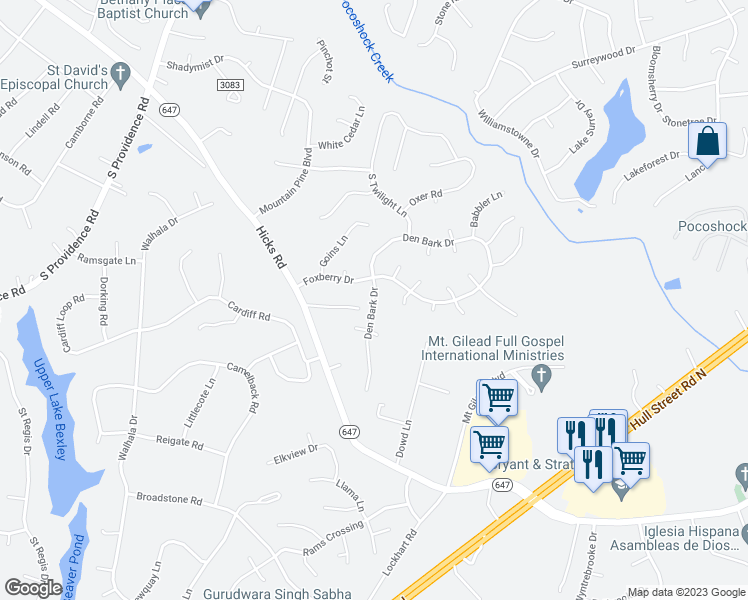 map of restaurants, bars, coffee shops, grocery stores, and more near 8518 Den Bark Drive in Richmond