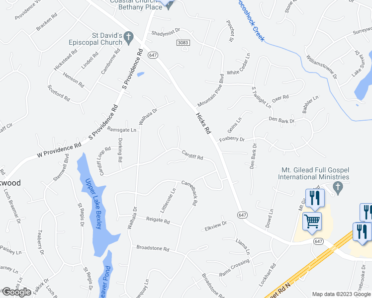 map of restaurants, bars, coffee shops, grocery stores, and more near 9000 Cardiff Road in Richmond