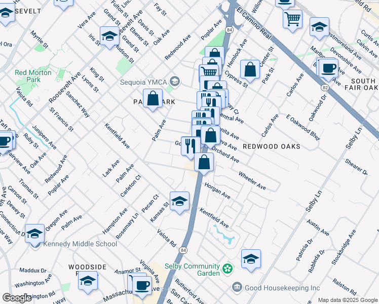 map of restaurants, bars, coffee shops, grocery stores, and more near 1591 Gordon Street in Redwood City