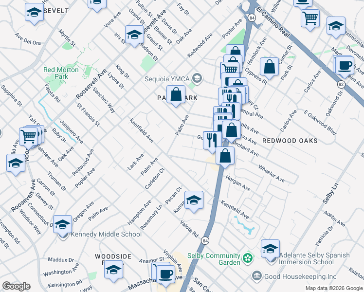 map of restaurants, bars, coffee shops, grocery stores, and more near 1502 Hawes Court in Redwood City