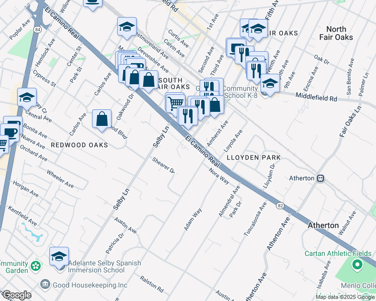 map of restaurants, bars, coffee shops, grocery stores, and more near 100 Gresham Lane in Atherton