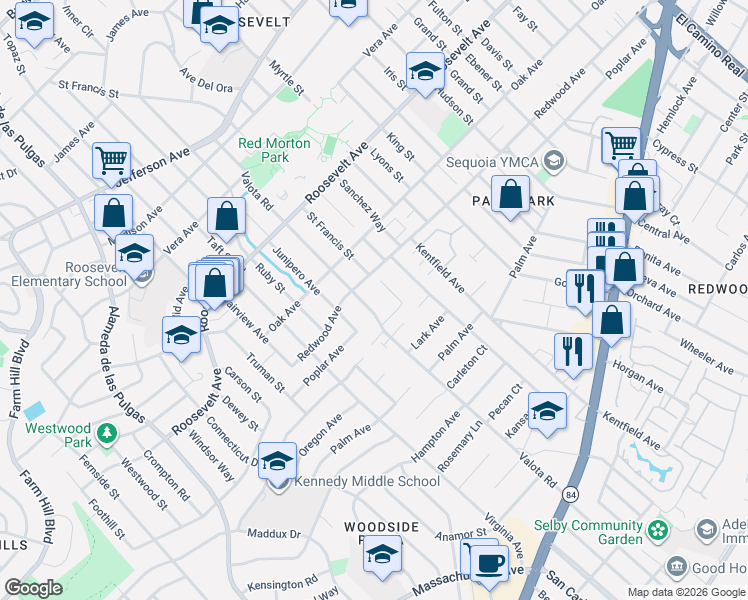 map of restaurants, bars, coffee shops, grocery stores, and more near 1341 Valota Road in Redwood City