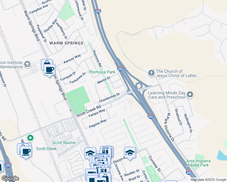 map of restaurants, bars, coffee shops, grocery stores, and more near 48875 Chenin Blanc Drive in Fremont