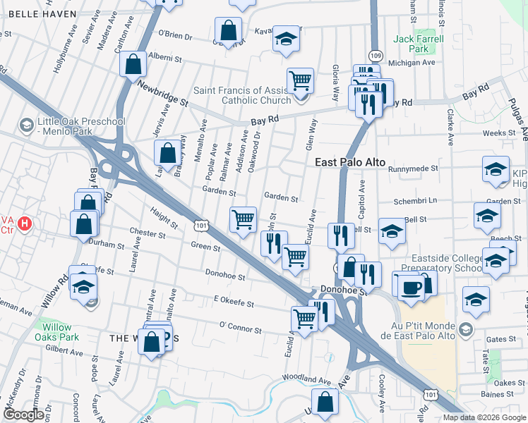 map of restaurants, bars, coffee shops, grocery stores, and more near 2212 Dumbarton Avenue in East Palo Alto