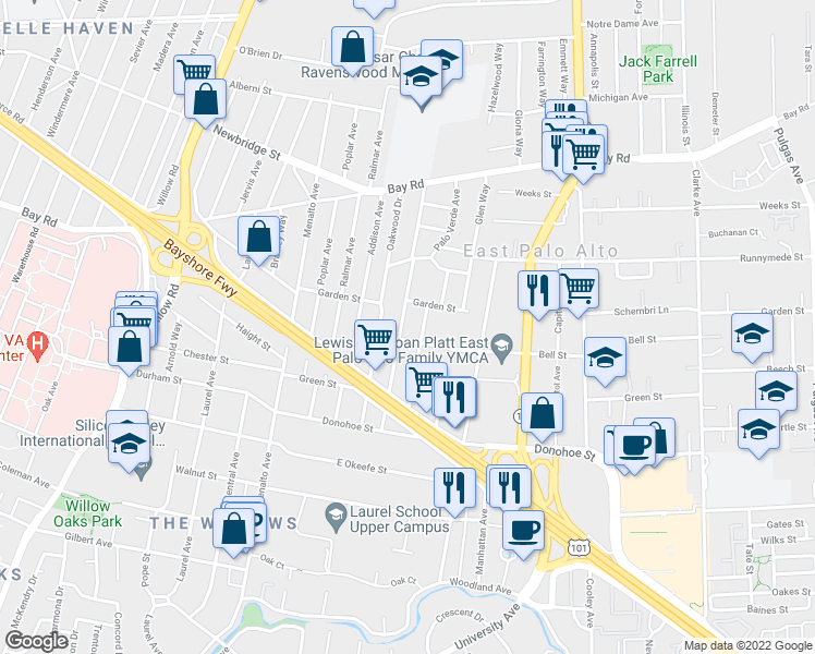 map of restaurants, bars, coffee shops, grocery stores, and more near 2212 Dumbarton Avenue in East Palo Alto