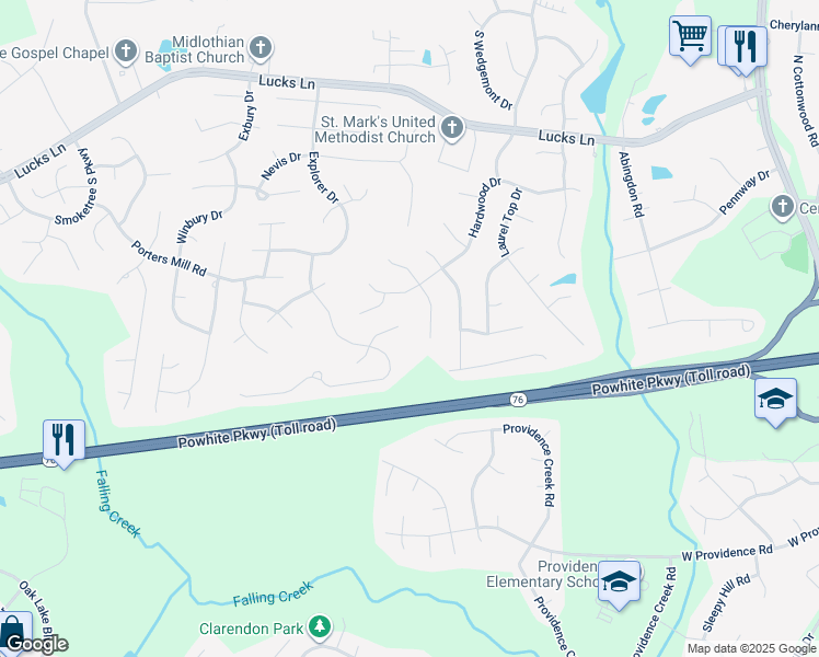 map of restaurants, bars, coffee shops, grocery stores, and more near 1407 Bantry Terrace in Midlothian