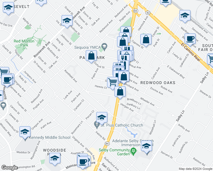 map of restaurants, bars, coffee shops, grocery stores, and more near 1581 Hawes Court in Redwood City