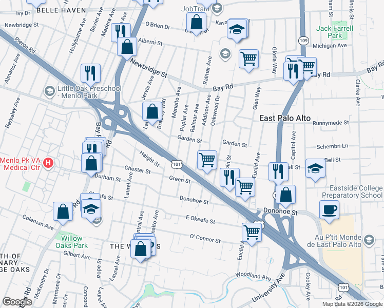 map of restaurants, bars, coffee shops, grocery stores, and more near 2162 Ralmar Avenue in East Palo Alto