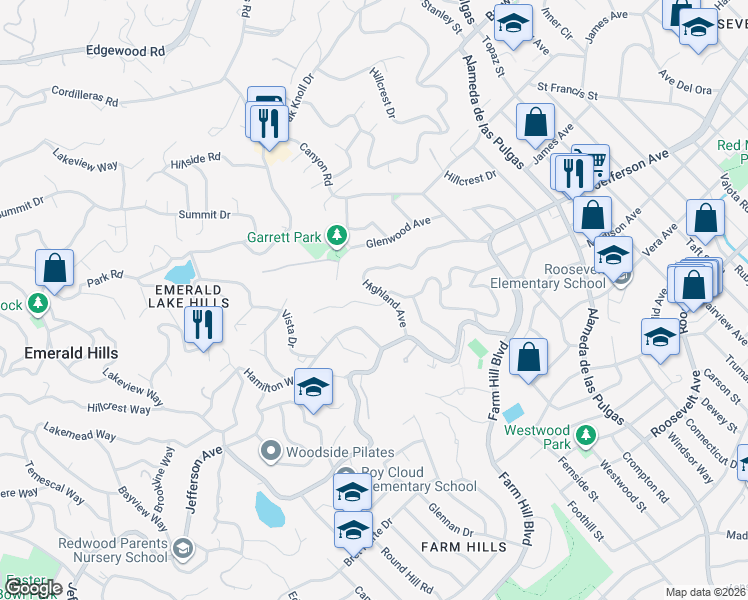 map of restaurants, bars, coffee shops, grocery stores, and more near 3706 Laurel Way in Redwood City