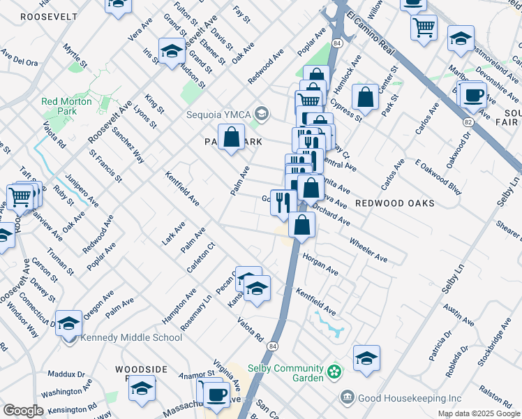 map of restaurants, bars, coffee shops, grocery stores, and more near 1567 Hawes Court in Redwood City