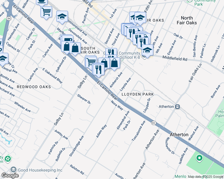 map of restaurants, bars, coffee shops, grocery stores, and more near 3275 El Camino Real in Atherton