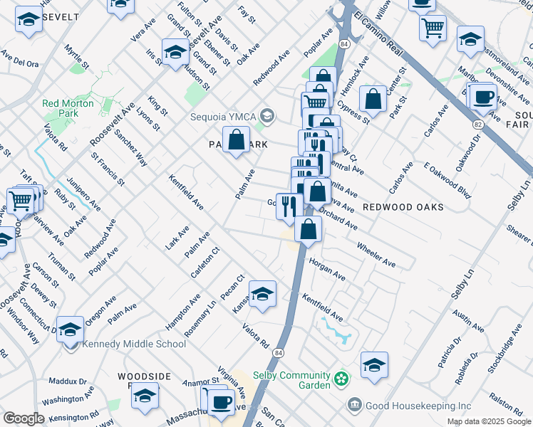 map of restaurants, bars, coffee shops, grocery stores, and more near 1567 Hawes Court in Redwood City