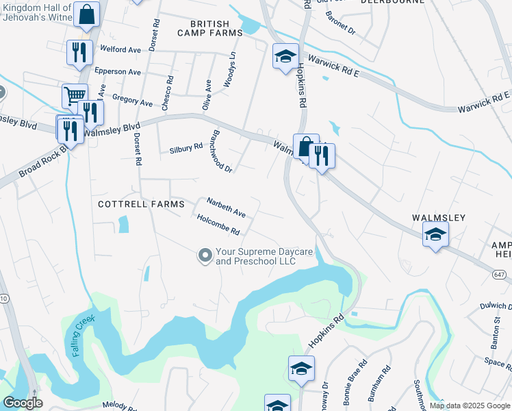map of restaurants, bars, coffee shops, grocery stores, and more near 4101 Aracoma Drive in Richmond