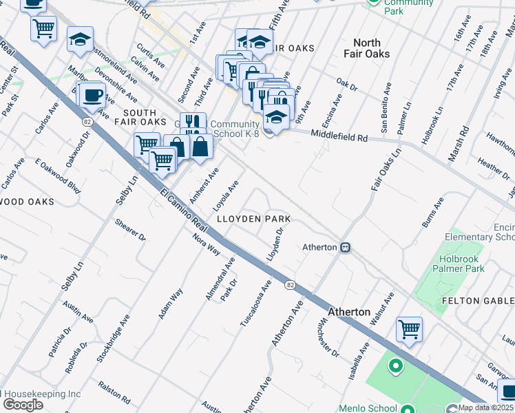 map of restaurants, bars, coffee shops, grocery stores, and more near 65 Fairfax Avenue in Atherton