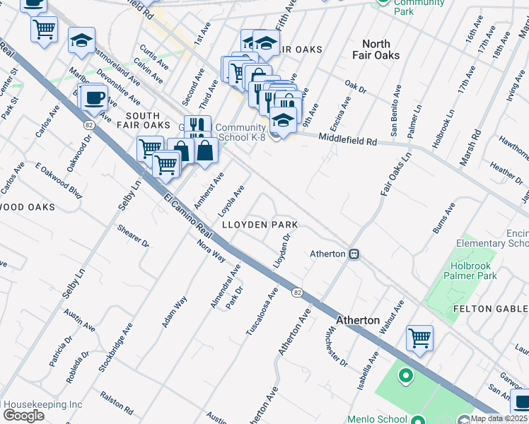 map of restaurants, bars, coffee shops, grocery stores, and more near 65 Fairfax Avenue in Atherton