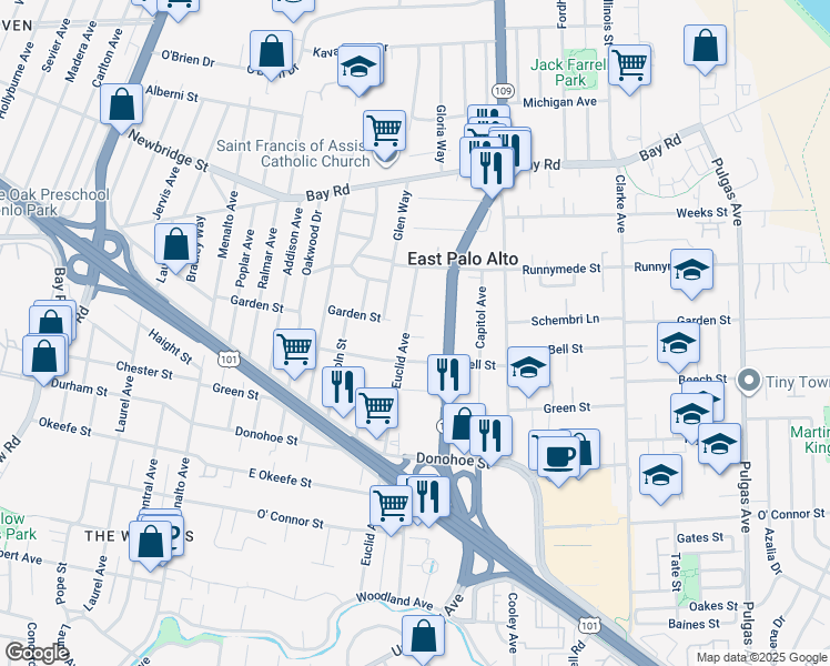 map of restaurants, bars, coffee shops, grocery stores, and more near 2232 Euclid Avenue in East Palo Alto