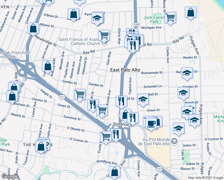 map of restaurants, bars, coffee shops, grocery stores, and more near 2232 Euclid Avenue in East Palo Alto