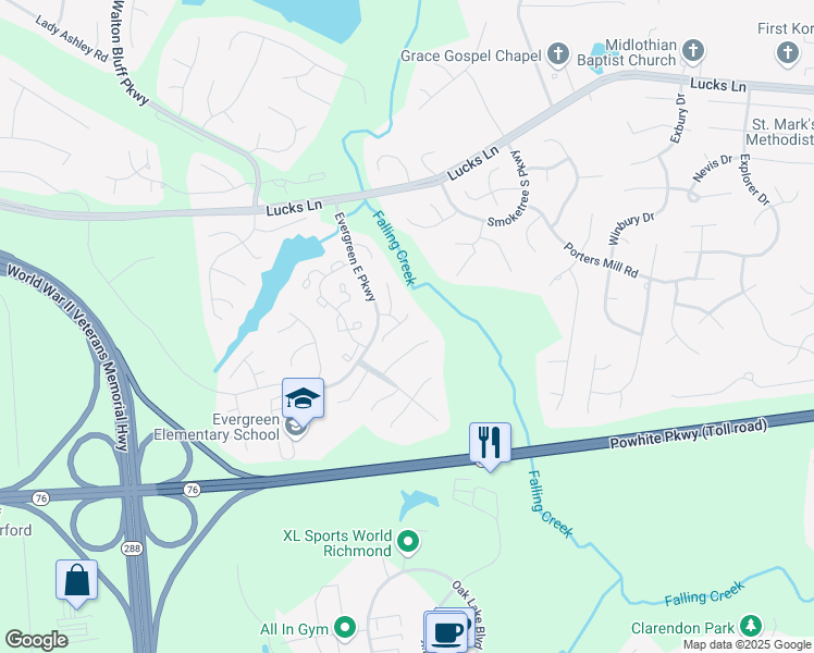 map of restaurants, bars, coffee shops, grocery stores, and more near 1609 Kirkgate Lane in Midlothian