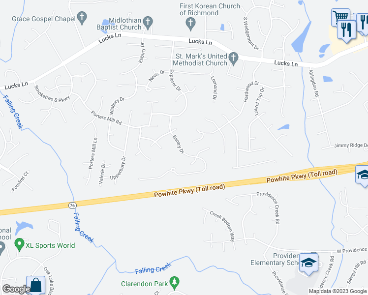 map of restaurants, bars, coffee shops, grocery stores, and more near 1719 Bantry Drive in Midlothian