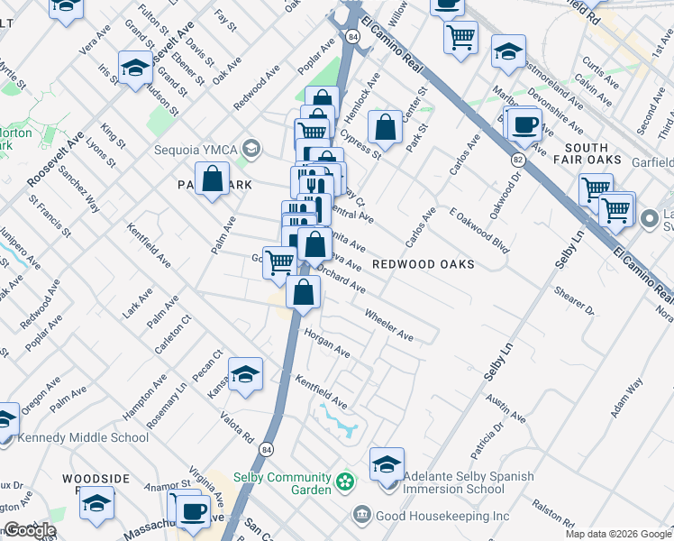 map of restaurants, bars, coffee shops, grocery stores, and more near 61 Orchard Avenue in Redwood City