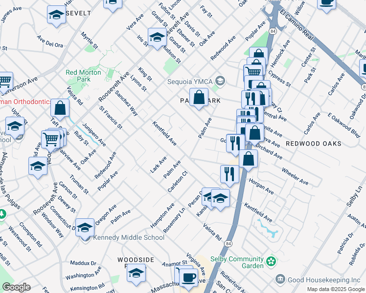 map of restaurants, bars, coffee shops, grocery stores, and more near 1465 Kentfield Avenue in Redwood City