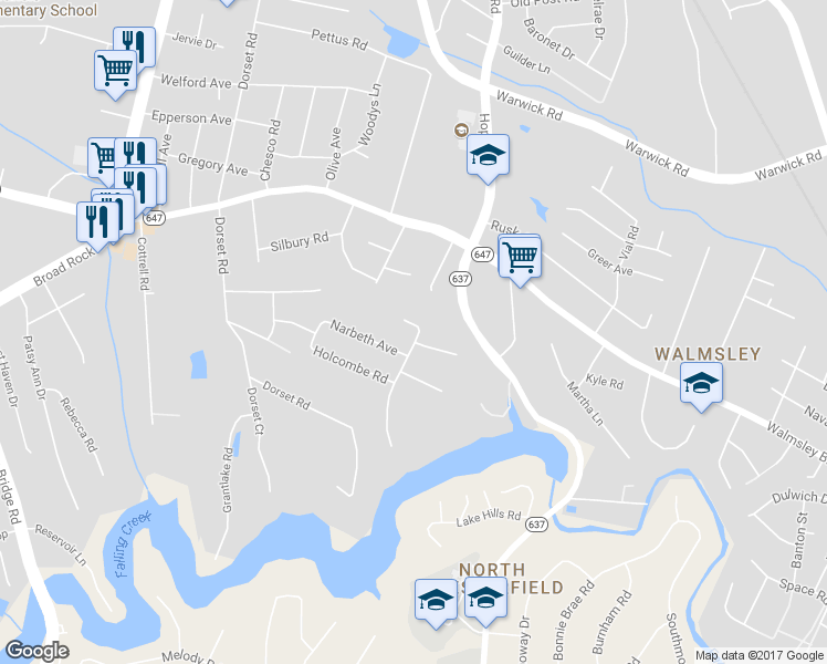 map of restaurants, bars, coffee shops, grocery stores, and more near 4101 Aracoma Drive in Richmond