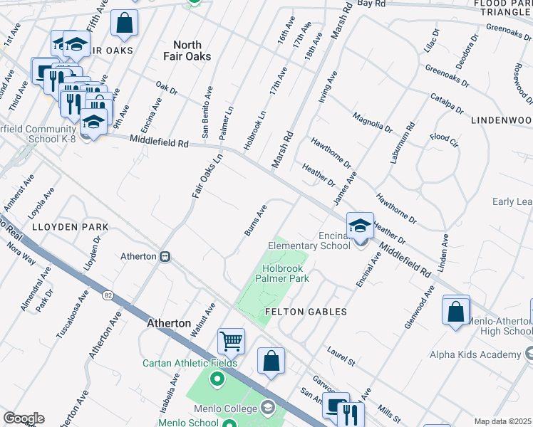 map of restaurants, bars, coffee shops, grocery stores, and more near 168 Burns Avenue in Atherton