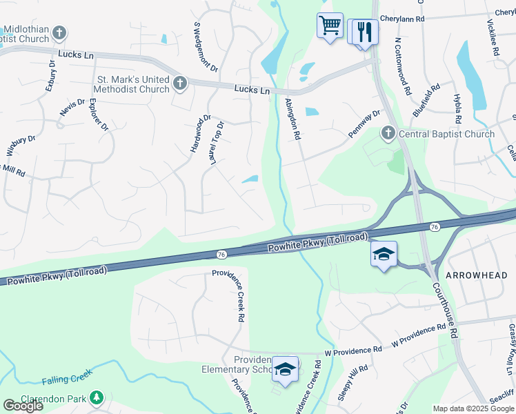 map of restaurants, bars, coffee shops, grocery stores, and more near 1619 Laurel Top Drive in Midlothian