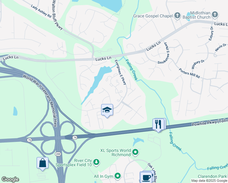 map of restaurants, bars, coffee shops, grocery stores, and more near 12419 Trumbull Court in Midlothian