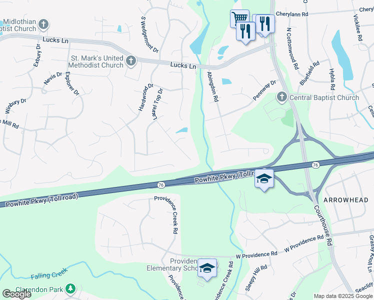 map of restaurants, bars, coffee shops, grocery stores, and more near 1619 Laurel Top Drive in Midlothian