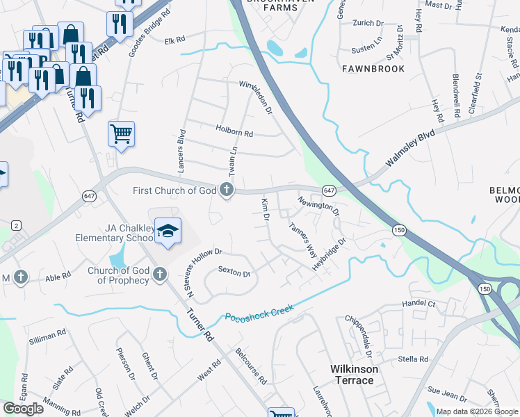 map of restaurants, bars, coffee shops, grocery stores, and more near 3010 Kim Drive in Richmond