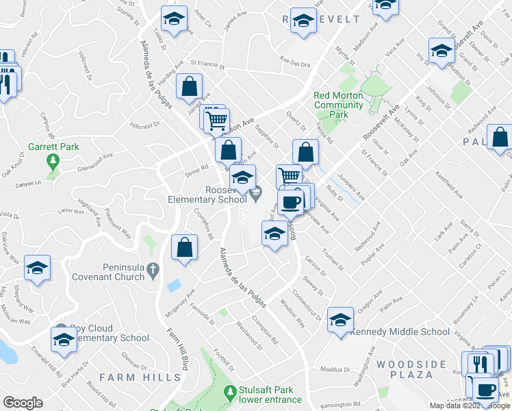 map of restaurants, bars, coffee shops, grocery stores, and more near 2223 Vera Avenue in Redwood City