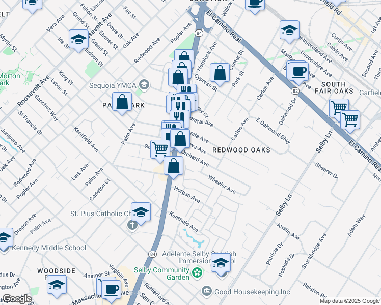 map of restaurants, bars, coffee shops, grocery stores, and more near 55 Orchard Avenue in Redwood City