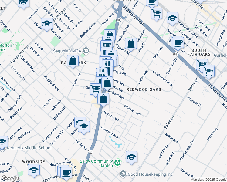 map of restaurants, bars, coffee shops, grocery stores, and more near 55 Orchard Avenue in Redwood City