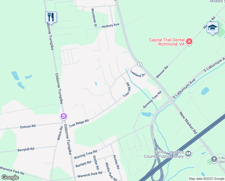 map of restaurants, bars, coffee shops, grocery stores, and more near 7301 Woodside Street in Richmond