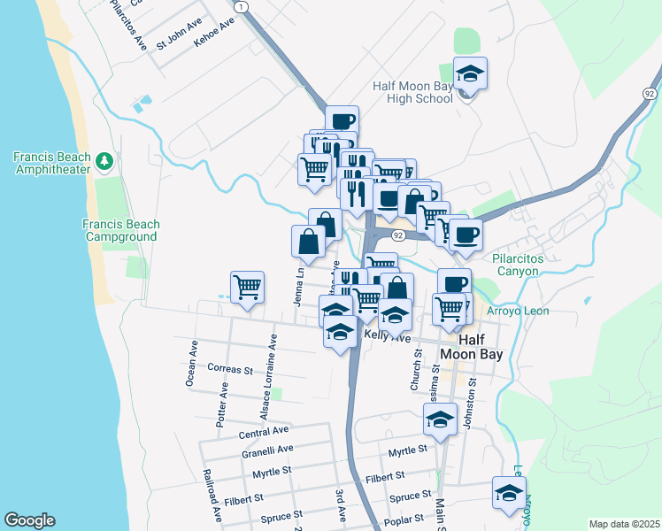 map of restaurants, bars, coffee shops, grocery stores, and more near 462 Cypress Avenue in Half Moon Bay