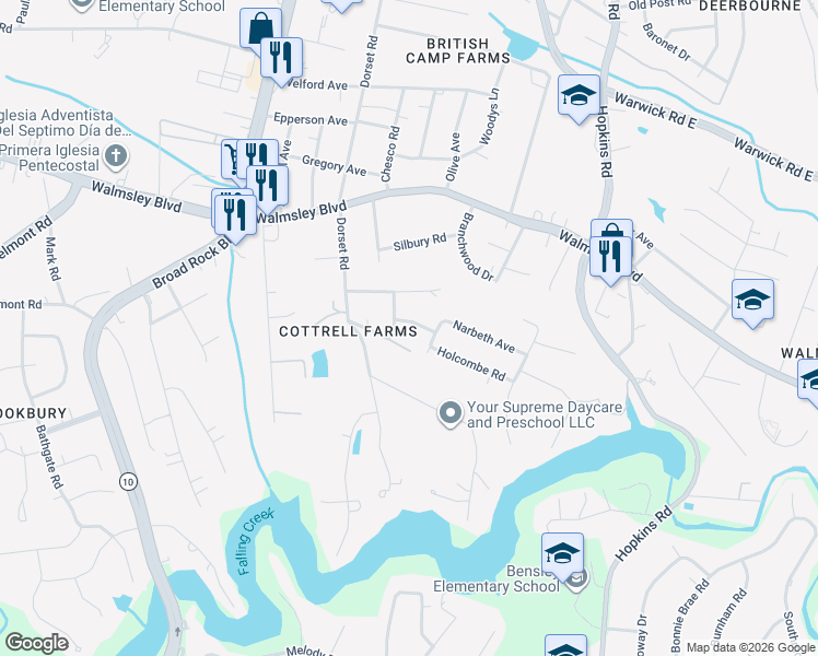 map of restaurants, bars, coffee shops, grocery stores, and more near 4324 Amberly Road in Richmond