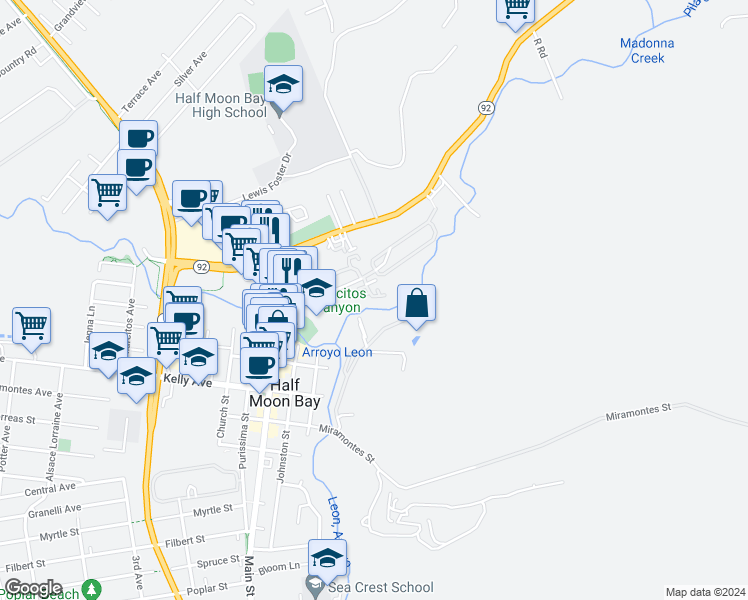 map of restaurants, bars, coffee shops, grocery stores, and more near 43 Erin Lane in Half Moon Bay