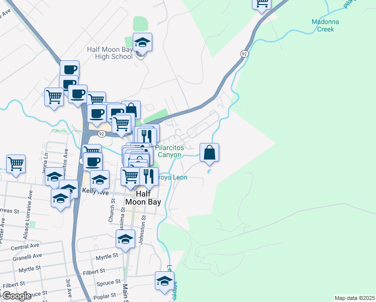 map of restaurants, bars, coffee shops, grocery stores, and more near 43 Erin Lane in Half Moon Bay