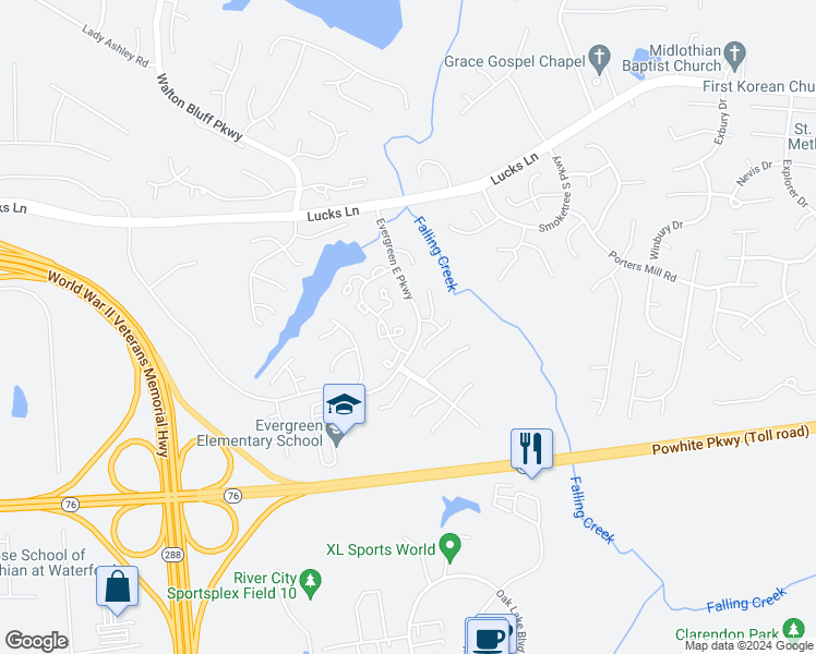 map of restaurants, bars, coffee shops, grocery stores, and more near 12304 Darien Circle in Midlothian