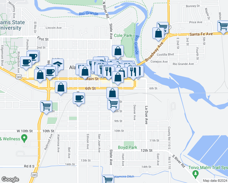map of restaurants, bars, coffee shops, grocery stores, and more near 610 State Avenue in Alamosa