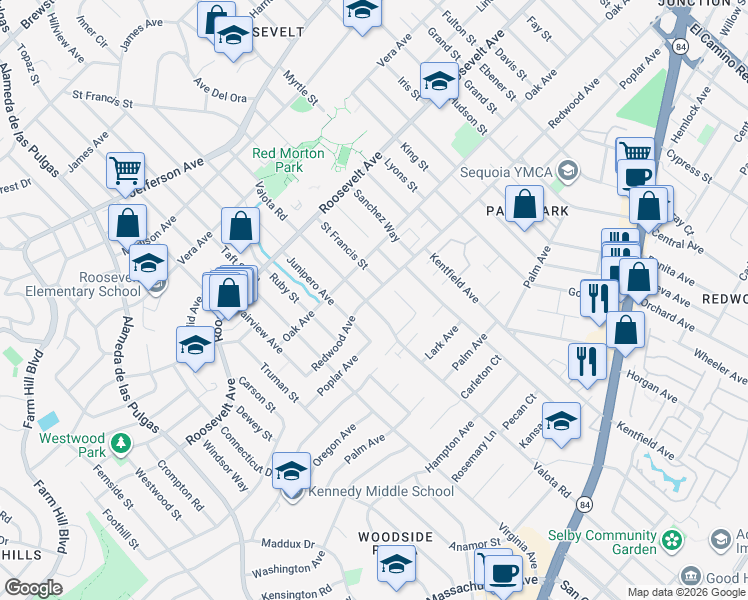 map of restaurants, bars, coffee shops, grocery stores, and more near 1610 Redwood Avenue in Redwood City