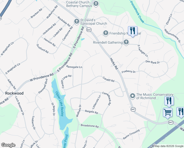 map of restaurants, bars, coffee shops, grocery stores, and more near 2250 Cardiff Way in Richmond