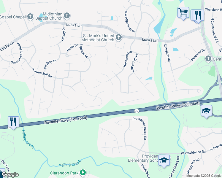 map of restaurants, bars, coffee shops, grocery stores, and more near 1524 Hardwood Terrace in Midlothian