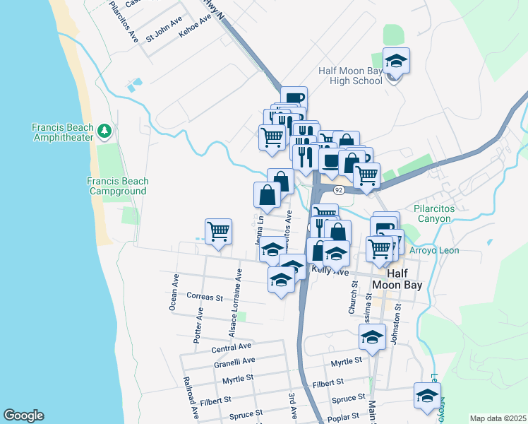 map of restaurants, bars, coffee shops, grocery stores, and more near 435 Willow Avenue in Half Moon Bay