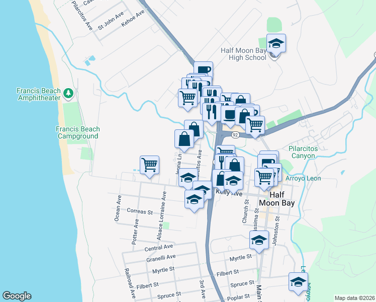 map of restaurants, bars, coffee shops, grocery stores, and more near 462 Cypress Avenue in Half Moon Bay