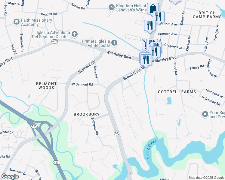 map of restaurants, bars, coffee shops, grocery stores, and more near 3620 Iron Bridge Road in Richmond