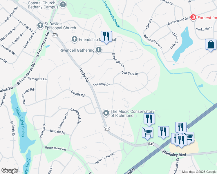 map of restaurants, bars, coffee shops, grocery stores, and more near 8519 Foxberry Drive in Richmond